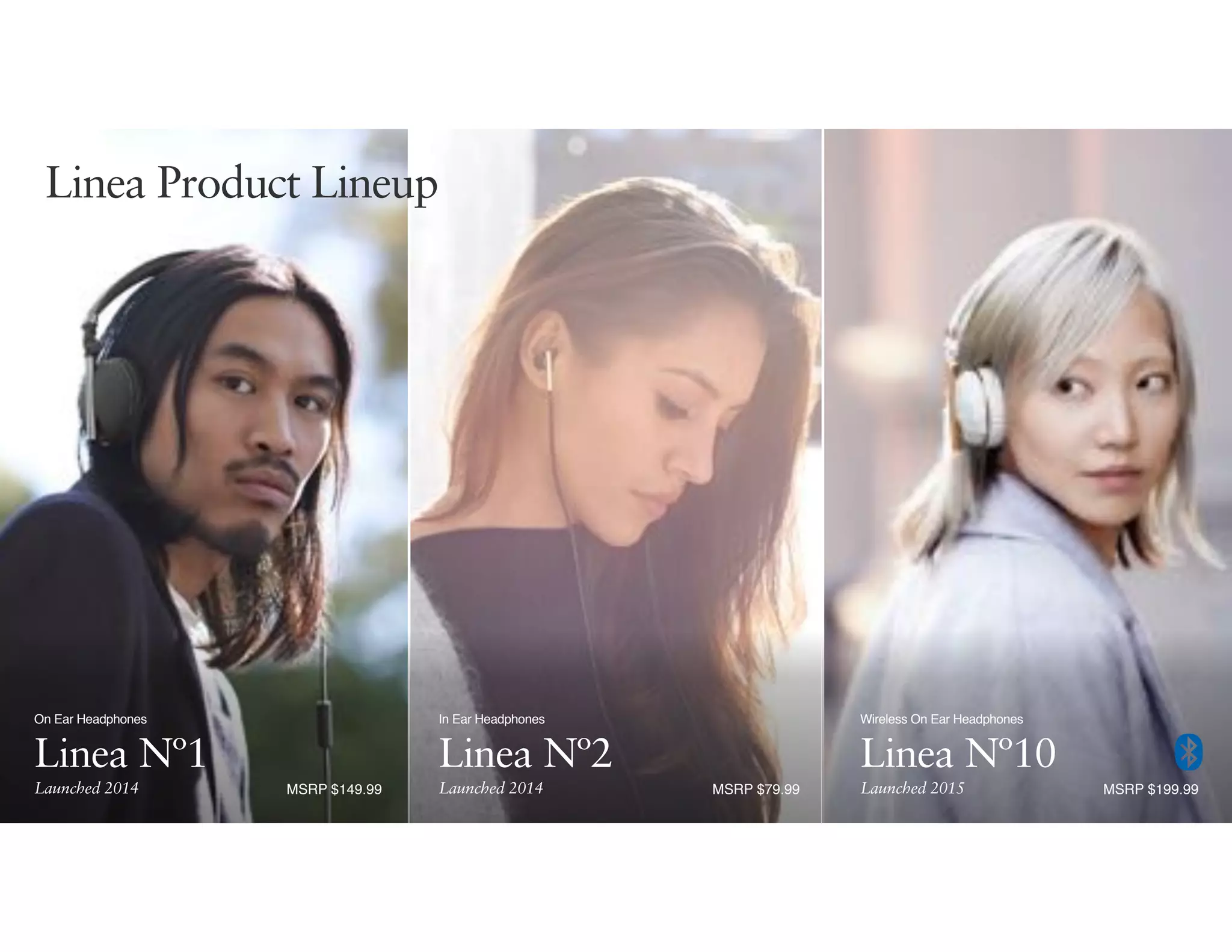 MSRP $149.99
Linea Nº2
In Ear Headphones
Linea Nº10
Wireless On Ear Headphones
Linea Nº1
On Ear Headphones
Launched 2014 Launched 2014 Launched 2015MSRP $79.99 MSRP $199.99
Linea Product Lineup
 