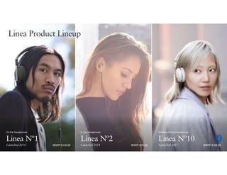 MSRP $149.99
Linea Nº2
In Ear Headphones
Linea Nº10
Wireless On Ear Headphones
Linea Nº1
On Ear Headphones
Launched 2014 Launched 2014 Launched 2015MSRP $79.99 MSRP $199.99
Linea Product Lineup
 
