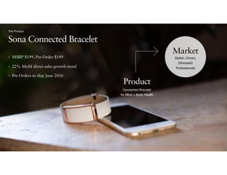 Product
Connected Bracelet
for Mind + Body Health
Market
Stylish, Driven,  
(Stressed)  
Professionals
• MSRP $199, Pre-Order $149
• 22% MoM direct sales growth trend
• Pre-Orders to ship June 2016
Sona Connected Bracelet
The Product
 