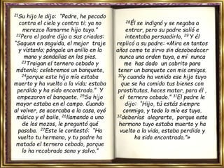 21Su hijo le dijo: “Padre, he pecado
contra el cielo y contra ti; ya no
merezco llamarme hijo tuyo.”
22Pero el padre dijo a sus criados:
“Saquen en seguida, el mejor traje
y vístanlo; póngale un anillo en la
mano y sandalias en los pies.
23Traigan el ternero cebado y
mátenlo; celebremos un banquete,
24porque este hijo mío estaba
muerto y ha vuelto a la vida; estaba
perdido y ha sido encontrado.” Y
empezaron el banquete. 25Su hijo
mayor estaba en el campo. Cuando
al volver, se acercaba a la casa, oyó
música y el baile, 26llamando a uno
de los mozos, le preguntó qué
pasaba. 27Este le contestó: “Ha
vuelto tu hermano, y tu padre ha
matado el ternero cebado, porque
lo ha recobrado sano y salvo.”
28Él se indignó y se negaba a
entrar, pero su padre salió e
intentaba persuadirlo, 29 Y él
replicó a su padre: «Mira en tantos
años como te sirvo sin desobedecer
nunca una orden tuya, a mí nunca
me has dado un cabrito para
tener un banquete con mis amigos.
30y cuando ha venido ese hijo tuyo
que se ha comido tus bienes con
prostitutas, haces matar, para él ,
el ternero cebado.” 31El padre le
dijo: “Hijo, tú estás siempre
conmigo, y todo lo mío es tuyo.
32deberías alegrarte, porque este
hermano tuyo estaba muerto y ha
vuelto a la vida, estaba perdido y
ha sido encontrado.”»
 