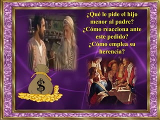 ¿Qué le pide el hijo
menor al padre?
¿Cómo reacciona ante
este pedido?
¿Cómo emplea su
herencia?
 