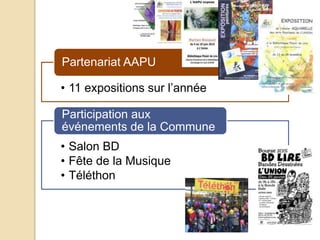 • 11 expositions sur l’année
Partenariat AAPU
• Salon BD
• Fête de la Musique
• Téléthon
Participation aux
événements de la Commune
 
