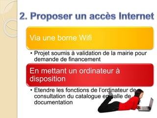 Via une borne Wifi
• Projet soumis à validation de la mairie pour
demande de financement
En mettant un ordinateur à
disposition
• Etendre les fonctions de l’ordinateur de
consultation du catalogue en salle de
documentation
 