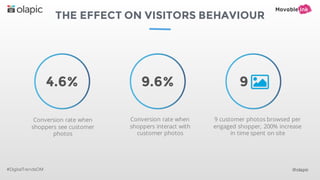 THE EFFECT ON VISITORS BEHAVIOUR
#DigitalTrendsOM @olapic
9 customer photos browsed per
engaged shopper, 200% increase
in time spent on site
Conversion rate when
shoppers see customer
photos
Conversion rate when
shoppers interact with
customer photos
4.6% 9.6% 9
 