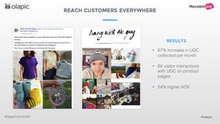 REACH CUSTOMERS EVERYWHERE
#DigitalTrendsOM @olapic
RESULTS
• 67% increase in UGC
collected per month
• 6X visitor interactions
with UGC on product
pages
• 24% higher AOV
 