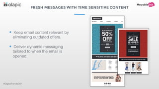 FRESH MESSAGES WITH TIME SENSITIVE CONTENT
#DigitalTrendsOM
• Keep email content relevant by
eliminating outdated offers.
• Deliver dynamic messaging
tailored to when the email is
opened.
 