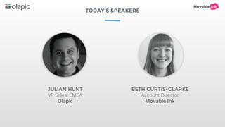 TODAY’S SPEAKERS
JULIAN HUNT
VP Sales, EMEA
Olapic
BETH CURTIS-CLARKE
Account Director
Movable Ink
 