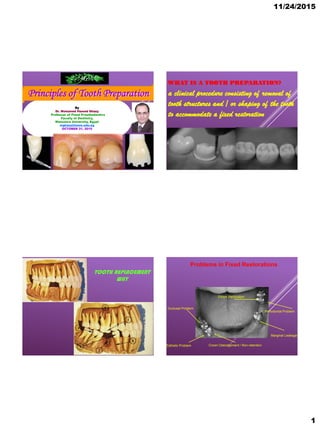 11/24/2015
1
By
Dr. Mohamed Hamed Ghazy
Professor of Fixed Prosthodontics
Faculty of Dentistry,
Mansoura University, Egypt
mghazy@mans.edu.eg
OCTOBER 31, 2015
Principles of Tooth Preparation
WHAT IS A TOOTH PREPARATION?
a clinical procedure consisting of removal of
tooth structures and / or shaping of the tooth
to accommodate a fixed restoration
TOOTH REPLACEMENT
WHY
Problems in Fixed Restorations
Esthetic Problem
Occlusal Problem
Marginal Leakage
Crown Dislodgement / Non-retention
Periodontal Problem
Crown Perforation
 