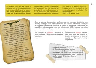 3
O professor que atua em cursos à
distância atua de forma diferenciada,
pois seu aluno é diferente, ao assumir
uma postura mais ativa, participativa,
sujeito das ações necessárias ao seu
aprendizado, e assim, a intervenção
do professor sai da esfera de
provedor da informação e passa a ser
a de mediador da informação,
estimulador da descoberta, orientador
dos passos a serem seguidos,
colaborador na dinâmica da
a p r e n d i z a g e m , a va l i a d o r d a
aprendizagem.
(Cox, 2003; Moran, 2000)
Estamos habituados a ter no
professor a “fonte da informação”,
mas esse quadro, hoje, tende a se
modificar enormemente.
Isso não significa que o professor
perdeu seu lugar, ao contrário,
está deixando de ser o “detentor”
do conhecimento para ser o
“mediador” de um conhecimento
culturalmente construído e
compartilhado.
É ele quem orienta as
investigações dos alunos,
incentiva o prazer pelo saber,
observa e aproveita o modo como
cada aluno constrói seu próprio
conhecimento.
(FREIRE, Paulo. 1998)
Como se estivesse descrevendo o professor que atua em cursos à distância, esta
mudança citada por Freire (1998) representa uma evolução natural face à evolução
da sociedade humana, que, em virtude do volume de informações e a facilidade de
acessá-la, o indivíduo passa a ter uma opinião mais sólida, baseada nos muitos
conhecimentos que acaba por construir no seu cotidiano.
Na condição de parceiro, caminha
junto com aluno em direção à
descoberta, incentiva o aluno a
aprender a fazer, interpreta,
compreende.
O perﬁl do professor
de alunos à distância deve estar em
const ant es (re) aprendizados e (re)
descobertas, de forma que o docente possa
rAtiﬁcar o que ainda está em voga, e rEtiﬁcar o
que lhe impede de levar seu aluno ao
aprendizado.
Na condição de professor, sensibiliza o
aluno, esclarece a importância do aprender
a conhecer.
 