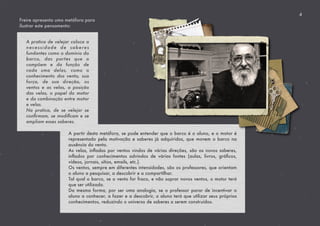 4
Freire apresenta uma metáfora para
ilustrar este pensamento:
A pratica de velejar coloca a
necessidade de saberes
fundantes como o domínio do
barco, das partes que o
compõem e da função de
cada uma delas, como o
conhecimento dos vento, sua
força, de sua direção, os
ventos e as velas, a posição
das velas, o papel do motor
e da combinação entre motor
e velas.
Na pratica, de se velejar se
conﬁrmam, se modiﬁcam e se
ampliam esses saberes.
A partir desta metáfora, se pode entender que o barco é o aluno, e o motor é
representado pela motivação e saberes já adquiridos, que movem o barco na
ausência do vento.
As velas, inﬂadas por ventos vindos de várias direções, são os novos saberes,
inﬂados por conhecimentos advindos de várias fontes (aulas, livros, gráﬁcos,
vídeos, jornais, sítios, emails, etc.).
Os ventos, sempre em diferentes intensidades, são os professores, que orientam
o aluno a pesquisar, a descobrir e a compartilhar.
Tal qual o barco, se o vento for fraco, e não soprar novos ventos, o motor terá
que ser utilizado.
Da mesma forma, por ser uma analogia, se o professor parar de incentivar o
aluno a conhecer, a fazer e a descobrir, o aluno terá que utilizar seus próprios
conhecimentos, reduzindo o universo de saberes a serem construídos.
 