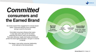 Earned
Brand
Enables
shared action
Committed
Consumer
Buys first, stays
loyal, advocates,
defends
CONSUMER
Purchase
BRAND
Engagement
Earned Brand 2016 Global | 41
Committed
consumers and
the Earned Brand
As brands expand their engagement to include shared
action, consumers become more committed
and go to work for the brand.
Committed consumers influence their peers
to also take action with and for the brand,
expanding the brand’s reach and penetration.
Their peer advocacy, loyalty and buying commitment
protect the brand against disruption, and give it a license
to disrupt.
This deeper, more active consumer relationship
is the hallmark of the Earned Brand.
 