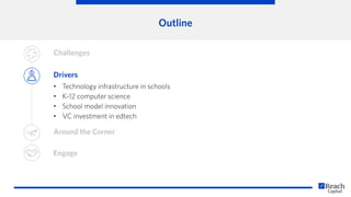 Outline
Drivers
• Technology infrastructure in schools
• K-12 computer science
• School model innovation
• VC investment in edtech
Around the Corner
Engage
Challenges
 