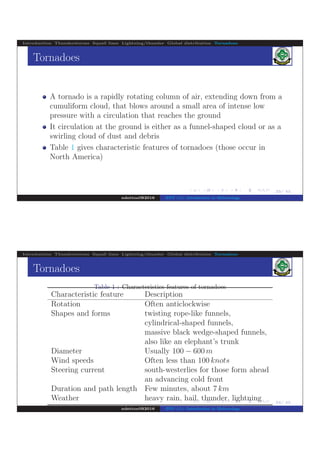 .
.
.
.
.
.
.
.
.
.
.
.
.
.
.
.
.
.
.
.
.
.
.
.
.
.
.
.
.
.
.
.
.
.
.
.
.
.
.
.
23/ 42
Introduction Thunderstorms Squall lines Lightning/thunder Global distribution Tornadoes
Tornadoes
A tornado is a rapidly rotating column of air, extending down from a
cumuliform cloud, that blows around a small area of intense low
pressure with a circulation that reaches the ground
It circulation at the ground is either as a funnel-shaped cloud or as a
swirling cloud of dust and debris
Table 1 gives characteristic features of tornadoes (those occur in
North America)
ndettoel@2016 ENV 111: Introduction to Meteorology
.
.
.
.
.
.
.
.
.
.
.
.
.
.
.
.
.
.
.
.
.
.
.
.
.
.
.
.
.
.
.
.
.
.
.
.
.
.
.
.
24/ 42
Introduction Thunderstorms Squall lines Lightning/thunder Global distribution Tornadoes
Tornadoes
Table 1 : Characteristics features of tornadoes
Characteristic feature Description
Rotation Often anticlockwise
Shapes and forms twisting rope-like funnels,
cylindrical-shaped funnels,
massive black wedge-shaped funnels,
also like an elephant’s trunk
Diameter Usually 100 − 600 m
Wind speeds Often less than 100 knots
Steering current south-westerlies for those form ahead
an advancing cold front
Duration and path length Few minutes, about 7 km
Weather heavy rain, hail, thunder, lightning
ndettoel@2016 ENV 111: Introduction to Meteorology
 
