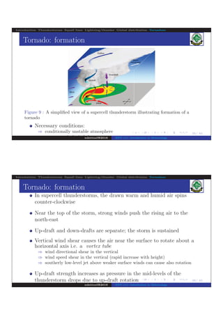 .
.
.
.
.
.
.
.
.
.
.
.
.
.
.
.
.
.
.
.
.
.
.
.
.
.
.
.
.
.
.
.
.
.
.
.
.
.
.
.
25/ 42
Introduction Thunderstorms Squall lines Lightning/thunder Global distribution Tornadoes
Tornado: formation
Figure 9 : A simpliﬁed view of a supercell thunderstorm illustrating formation of a
tornado
Necessary conditions:
⇒ conditionally unstable atmosphere
⇒ strong vertical wind shearndettoel@2016 ENV 111: Introduction to Meteorology
.
.
.
.
.
.
.
.
.
.
.
.
.
.
.
.
.
.
.
.
.
.
.
.
.
.
.
.
.
.
.
.
.
.
.
.
.
.
.
.
26/ 42
Introduction Thunderstorms Squall lines Lightning/thunder Global distribution Tornadoes
Tornado: formation
In supercell thunderstorms, the drawn warm and humid air spins
counter-clockwise
Near the top of the storm, strong winds push the rising air to the
north-east
Up-draft and down-drafts are separate; the storm is sustained
Vertical wind shear causes the air near the surface to rotate about a
horizontal axis i.e. a vortex tube
⇒ wind directional shear in the vertical
⇒ wind speed shear in the vertical (rapid increase with height)
⇒ southerly low-level jet above weaker surface winds can cause also rotation
Up-draft strength increases as pressure in the mid-levels of the
thunderstorm drops due to up-draft rotation
ndettoel@2016 ENV 111: Introduction to Meteorology
 