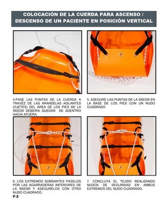 4.PASE LAS PUNTAS DE LA CUERDA A
TRAVÉZ DE LAS ARANDELAS AISLANTES
(OJETES) DEL ÁREA DE LOS PIES DE LA
SKED® DEBERÍA QUEDAR DE ADENTRO
HACIA AFUERA.
5. ASEGURE LAS PUNTAS DE LA SKED® EN
LA BASE DE LOS PIES CON UN NUDO
CUADRADO
6. LOS EXTREMOS SOBRANTES PASELOS
POR LAS AGARRADERAS INFERIORES DE
LA SKED® Y ASEGURELOS CON OTRO
NUDO CUADRADO.
7. CONCLUYA EL TEJIDO REALIZANDO
NUDOS DE SEGURIDAD EN AMBOS
EXTREMOS DEL NUDO CUADRADO.
P.8
 