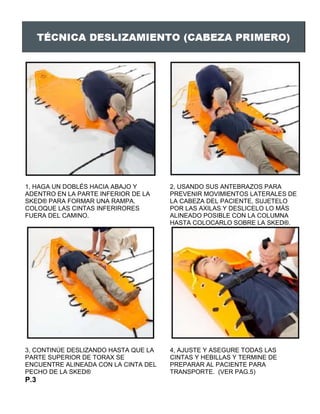 1, HAGA UN DOBLÉS HACIA ABAJO Y
ADENTRO EN LA PARTE INFERIOR DE LA
SKED® PARA FORMAR UNA RAMPA.
COLOQUE LAS CINTAS INFERIRORES
FUERA DEL CAMINO.
2, USANDO SUS ANTEBRAZOS PARA
PREVENIR MOVIMIENTOS LATERALES DE
LA CABEZA DEL PACIENTE, SUJETELO
POR LAS AXILAS Y DESLICELO LO MÁS
ALINEADO POSIBLE CON LA COLUMNA
HASTA COLOCARLO SOBRE LA SKED®.
3, CONTINÚE DESLIZANDO HASTA QUE LA
PARTE SUPERIOR DE TORAX SE
ENCUENTRE ALINEADA CON LA CINTA DEL
PECHO DE LA SKED®
4, AJUSTE Y ASEGURE TODAS LAS
CINTAS Y HEBILLAS Y TERMINE DE
PREPARAR AL PACIENTE PARA
TRANSPORTE. (VER PAG.5)
P.3
 
