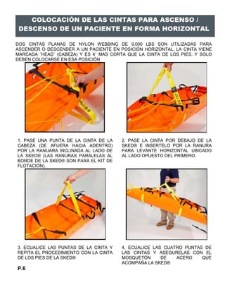 DOS CINTAS PLANAS DE NYLON WEBBING DE 9,000 LBS SON UTILIZADAS PARA
ASCENDER O DESCENDER A UN PACIENTE EN POSICIÓN HORIZONTAL. LA CINTA VIENE
MARCADA ¨HEAD¨ (CABEZA) Y ES 4¨ MAS CORTA QUE LA CINTA DE LOS PIES. Y SOLO
DEBEN COLOCARSE EN ESA POSICIÓN
1. PASE UNA PUNTA DE LA CINTA DE LA
CABEZA (DE AFUERA HACIA ADENTRO)
POR LA RANUARA INCLINADA AL LADO DE
LA SKED® (LAS RANURAS PARALELAS AL
BORDE DE LA SKED® SON PARA EL KIT DE
FLOTACIÓN).
2. PASE LA CINTA POR DEBAJO DE LA
SKED® E INSERTELO POR LA RANURA
PARA LEVANTE HORIZONTAL UBICADO
AL LADO OPUESTO DEL PRIMERO.
3. ECUALICE LAS PUNTAS DE LA CINTA Y
REPITA EL PROCEDIMIENTO CON LA CINTA
DE LOS PIES DE LA SKED®
4. ECUALICE LAS CUATRO PUNTAS DE
LAS CINTAS Y ASEGURELAS CON EL
MOSQUETÓN DE ACERO QUE
ACOMPAÑA LA SKED®
P.6
 