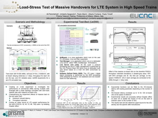 Confidential – Version 1.6
Load-Stress Test of Massive Handovers for LTE System in High Speed Trains
Ali Parichehreh*, Umberto Spagnolini†, Paolo Marini*, Alberto Fontana*, Paolo Timelli*
*Prisma Telecom Testing, †Politecnico di Milano, Milano, Italy
{alip,paolom,albertof,paolot}@prismatelecomtesting.it, {umberto.spagnolini}@polimi.it
Objectives
Creating an in-lab experiment to investigate the
performance of commercial eNBs serving multiple cells
arranged with a linear topology coincident with train-track
network plan with massive on-board UEs.
Characterizing the impairment effects of massive load on
the end users QoS:
Handover induced latency
Throughput reduction
Finding an upper bound of LTE system performance for
the QoS of N={16, 32, 45, 72, 88, 120} users by isolating
Doppler effect.
Scenario and Methodology
Results
Results
Conclusions
Exponential functions can be fitted to the HO-induced
latency with scaling parameter depending on the number of
UEs.
HO-induced latency increases up to 1s for 120 on-board
UEs at the speed of 300km/h.
Experimental results are purposely without Doppler effect
on each UE to isolate the impact of HO on the QoS of
onboard users vs the number of UEs.
The results here are the reference upper-bound for the UEs
density and the specific eNB manufacturer.
LTE Relay LTE Relay
HO region
LTE
servicerate
Moving direction
Uu
Un
Scenario
Method
UE simulation environment
A. Parichehreh, U. Spagnolini, P. Marini, A. Fontana, P. Timelli, Load-Stress Test of Massive Handovers for LTE System in High Speed Trains, European Conference on Network and Communication, Athens, Greece, 2016
AirMosaic: is a Java application which runs on the user
PC (Windows, Linux and Mac supported).
Test Manager: is an application which runs on a dedicated
Linux server, called TMW (TestManager Workstation).
Line Server Unit (LSU): All the Layer 2 protocol
processing and the IP Traffic management is performed by
the LSU Protocol Stack SW which runs on dedicated multi
core server based on a multi OS QNX contumized by
Prisma.
Software Defined Radio (SDR): The LTE Layer 1 digital
signal processing is performed by the SDR processing
cards designed by Prisma: one baseband and one booster
board for load balancing.
Experimental Test-Bed (UeSIM)
Two-tier architecture of HST connectivity. L1/MRN on the roof of the HST.
Train-track with K=200 eNBs, cell-size D=1km, v=300km/h, with
on-board relaying antennas (L1 relay), throughput for each UE
(on the top), and HO (shaded area); UeSIM equipments for a
set of N simulated Ues.
D=1kmMoving direction v=300kmpha)
b)
eNB1 eNB2 eNB3 eNBK
0Throughput
Simulated group of UEs via UeSIM LTE eNB & core network
0 0 0 0group of UEs
PHY
UE N
PHY
MAC
MAC
MAC
MAC
MAC
MAC
UE 1
UE 2
UE N
UE 1
UE 2
PHY level
settings
BB InterfeNodeB
cable
eNodeB
Cell k
Cell k+1
LTE HO procedure
On-board UEs
UE1 –CH2
UE1-CH1
UE2 –CH2
UE2-CH1
UE2 –CH2
UEN-CH1
UE1 (TCP connection)
UE2 (TCP connection)
UEN TCP connection)
Trafficanalysis
(QoS,throughput)
eNB
port 1
port 2
cable
eNB
UE1 (TCP connection)
UE2 (TCP connection)
UEN (TCP connection)
PDCP
RLC
MAC
PDCP
RLC
MAC
PDCP
RLC
MAC
(L1-L3) PHY
Multiusertraffic
generator
(video,HTTP,FTP)
FTP serverPE-Wireshark
Ethernet Uu,Un SGi
(b)
10
0
10
1
10
2
10
3
0
0.2
0.4
0.6
0.8
1
t= RRCcomplete
- RRCconfig
[ms]
ECDF
Experimental 4X4
F(t;t°
)=1-e-0.275t
Experimental 30x4
F(t;t°
)=1-e-0.002t
(a)
0 200 400 600 800 1000 1200
0
0.2
0.4
0.6
0.8
1
t= RRCcomplete
-RRCconfig
[ms]
ECDF
4x4
8x4
15x4
18x4
22x4
30x4
10x4
8x4 15x4 18x4 22x4 30x44x4 10x4
Effect of the massive on-board UEs on the downlink PDSCH
throughput (standard deviations in shaded-gray area). HST
with M=4 carriages and {8, 30} UEs per carriage, at the
speed v=300km/h. UEs in each carriage are connected to the
eNBs through L1 relay node.
Average
Throughput
Average
Throughput
8x4
30x4
Empirical CDF of HO interruption time vs the number of UEs. (a)
Experimental results; (b) Curves fitted (solid lines) to the empirical CDFs
(dashed lines), 𝐹 𝑡, 𝜏° = 1 − 𝑒−0.275𝑡 fitted for 4×4 UEs, and 𝐹 𝑡, 𝜏° = 1 −
𝑒−0.002𝑡 fitted for 30×4 UEs; HST with M=4 carriages, v=300km/h
 