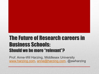The Future of Research careers in
Business Schools:
Should we be more “relevant”?
Prof. Anne-Wil Harzing, Middlesex University
www.harzing.com, anne@harzing.com, @awharzing
 