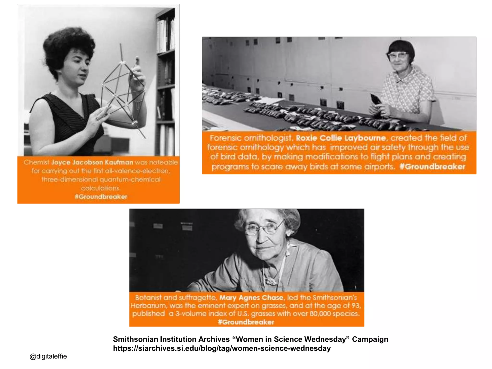 @digitaleffie
Smithsonian Institution Archives “Women in Science Wednesday” Campaign
https://siarchives.si.edu/blog/tag/women-science-wednesday
 