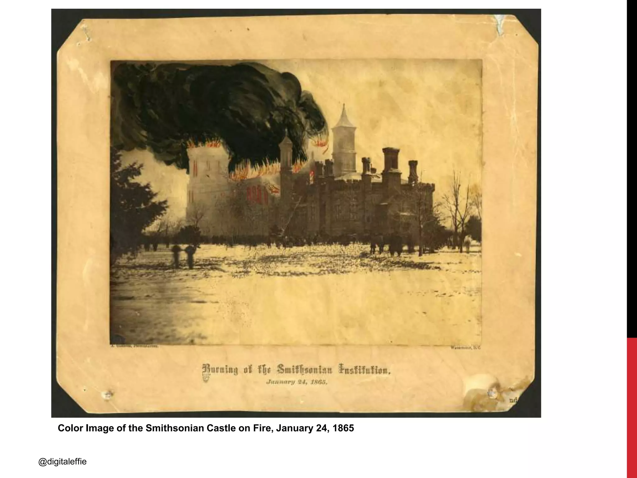 @digitaleffie
Color Image of the Smithsonian Castle on Fire, January 24, 1865
 
