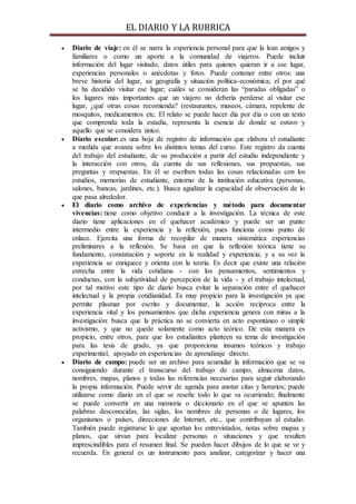 EL DIARIO Y LA RUBRICA
 Diario de viaje: en él se narra la experiencia personal para que la lean amigos y
familiares o como un aporte a la comunidad de viajeros. Puede incluir
información del lugar visitado, datos útiles para quienes quieran ir a ese lugar,
experiencias personales o anécdotas y fotos. Puede contener entre otros: una
breve historia del lugar, su geografía y situación política-económica; el por qué
se ha decidido visitar ese lugar; cuáles se consideran las “paradas obligadas” o
los lugares más importantes que un viajero no debería perderse al visitar ese
lugar, ¿qué otras cosas recomienda? (restaurantes, museos, cámara, repelente de
mosquitos, medicamentos etc. El relato se puede hacer día por día o con un texto
que comprenda toda la estadía, representa la esencia de donde se estuvo y
aquello que se considera único.
 Diario escolar: es una hoja de registro de información que elabora el estudiante
a medida que avanza sobre los distintos temas del curso. Este registro da cuenta
del trabajo del estudiante, de su producción a partir del estudio independiente y
la interacción con otros, da cuenta de sus reflexiones, sus propuestas, sus
preguntas y respuestas. En él se escriben todas las cosas relacionadas con los
estudios, memorias de estudiante, entorno de la institución educativa (personas,
salones, bancas, jardines, etc.). Busca agudizar la capacidad de observación de lo
que pasa alrededor.
 El diario como archivo de experiencias y método para documentar
vivencias: tiene como objetivo conducir a la investigación. La técnica de este
diario tiene aplicaciones en el quehacer académico y puede ser un punto
intermedio entre la experiencia y la reflexión, pues funciona como punto de
enlace. Ejercita una forma de recopilar de manera sistemática experiencias
preliminares a la reflexión. Se basa en que la reflexión teórica tiene su
fundamento, constatación y soporte en la realidad y experiencia; y a su vez la
experiencia se enriquece y orienta con la teoría. Es decir que existe una relación
estrecha entre la vida cotidiana - con los pensamientos, sentimientos y
conductas, con la subjetividad de percepción de la vida - y el trabajo intelectual,
por tal motivo este tipo de diario busca evitar la separación entre el quehacer
intelectual y la propia cotidianidad. Es muy propicio para la investigación ya que
permite plasmar por escrito y documentar, la acción recíproca entre la
experiencia vital y los pensamientos que dicha experiencia genera con miras a la
investigación: busca que la práctica no se convierta en acto espontáneo o simple
activismo, y que no quede solamente como acto teórico. De esta manera es
propicio, entre otros, para que los estudiantes planteen su tema de investigación
para las tesis de grado, ya que proporciona insumos teóricos y trabajo
experimental, apoyado en experiencias de aprendizaje directo.
 Diario de campo: puede ser un archivo para acumular la información que se va
consiguiendo durante el transcurso del trabajo de campo, almacena datos,
nombres, mapas, planos y todas las referencias necesarias para seguir elaborando
la propia información. Puede servir de agenda para anotar citas y horarios; puede
utilizarse como diario en el que se reseñe todo lo que va ocurriendo; finalmente
se puede convertir en una memoria o diccionario en el que se apunten las
palabras desconocidas, las siglas, los nombres de personas o de lugares, los
organismos o países, direcciones de Internet, etc., que contribuyan al estudio.
También puede registrarse lo que aportan los entrevistados, notas sobre mapas y
planos, que sirvan para localizar personas o situaciones y que resulten
imprescindibles para el resumen final. Se pueden hacer dibujos de lo que se ve y
recuerda. En general es un instrumento para analizar, categorizar y hacer una
 