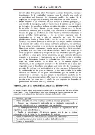 EL DIARIO Y LA RUBRICA
revisión crítica de la propia labor. Proporciona a autores, formadores, asesores e
investigadores de la cotidianidad elementos para la reflexión que ayude al
enriquecimiento del inventario de alternativas posibles de acción, de la
ampliación de la capacidad de acción y de la transformación de las prácticas.
 Diario docente: es un instrumento útil para provocar la reflexión pedagógica, ya
que posibilita la descripción, análisis y valoración de la dinámica de los procesos
de docencia y de aprendizaje mediante un relato sistemático y pormenorizado de
lo sucedido. El diario docente permite recoger observaciones de hechos
considerados relevantes para el docente y que contribuyen al conocimiento de la
realidad del grupo de estudiantes, así como plasmar y reflexionar críticamente su
propia actividad teórico-práctica. . Es un recurso importante para la
investigación en el aula y guía de evaluación, así como de futuras
planificaciones. Porlán y Martín (1991), dos de los teóricos que más se han
dedicado a su estudio, parten de la idea de que toda práctica obedece a una teoría
y la relación entre ambas no se plantea en términos jerárquicos, sino dialécticos.
En este sentido el docente es un profesional que diagnostica problemas, formula
hipótesis de trabajo, experimenta y evalúa, escoge materiales, diseña actividades
y establece relaciones entre conocimientos diversos. Desde esta perspectiva el
diario del profesor podría ser el receptáculo de todo este trabajo educativo, punto
de reflexión y salida para nuevas actuaciones, ya que suministra información
respecto a la estructura y funcionamiento de su actividad mental y constituye
uno de los instrumentos básicos de evaluación que debe elaborar si pretende
tener una actitud reflexiva en su labor. No es un método objetivo de
observación, ni una catalogación exhaustiva de las actividades de la clase, pero
sí permite poner al descubierto esa relación que existe entre las concepciones y
creencias del profesor y su acción didáctica. Y esto a su vez es fundamental para
la transformación en las prácticas docentes, ya que todo cambio de la acción
didáctica del docente ha de pasar necesariamente por un cambio de sus
concepciones o creencias. De esta manera la trasformación cualitativa de los
procesos de enseñanza-aprendizaje debe pasar por un conocimiento personal que
permita sentar las bases para el diseño de una propuesta de formación de
profesionales autónomos, críticos y reflexivos.
IMPORTANCIA DEL DIARIO EN EL PROCESO FORMATIVO
La utilización de los diarios en la formación profesional ha sido justificada por varios autores
como Zabala, Yinger, Porlán y Martín, entre otros. Algunos de los principales valores que
encuentran en la utilización del diario como estrategia de formación están:
una reflexión sobre lo narrado y sobre la conducta profesional.
información obtenida con la ya experimentada con anterioridad.
favorece la organización de la
experiencia vivida en la formación.
información sobre la evolución del pensamiento del profesor.
-información reforzadora e informativa.
 