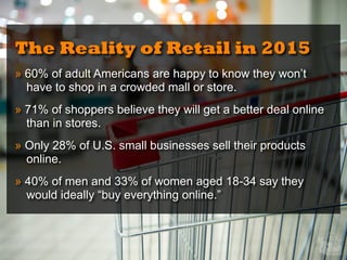 The Reality of Retail in 2015
» 60% of adult Americans are happy to know they won’t
have to shop in a crowded mall or store.
» 71% of shoppers believe they will get a better deal online
than in stores.
» Only 28% of U.S. small businesses sell their products
online.
» 40% of men and 33% of women aged 18-34 say they
would ideally “buy everything online.”
 