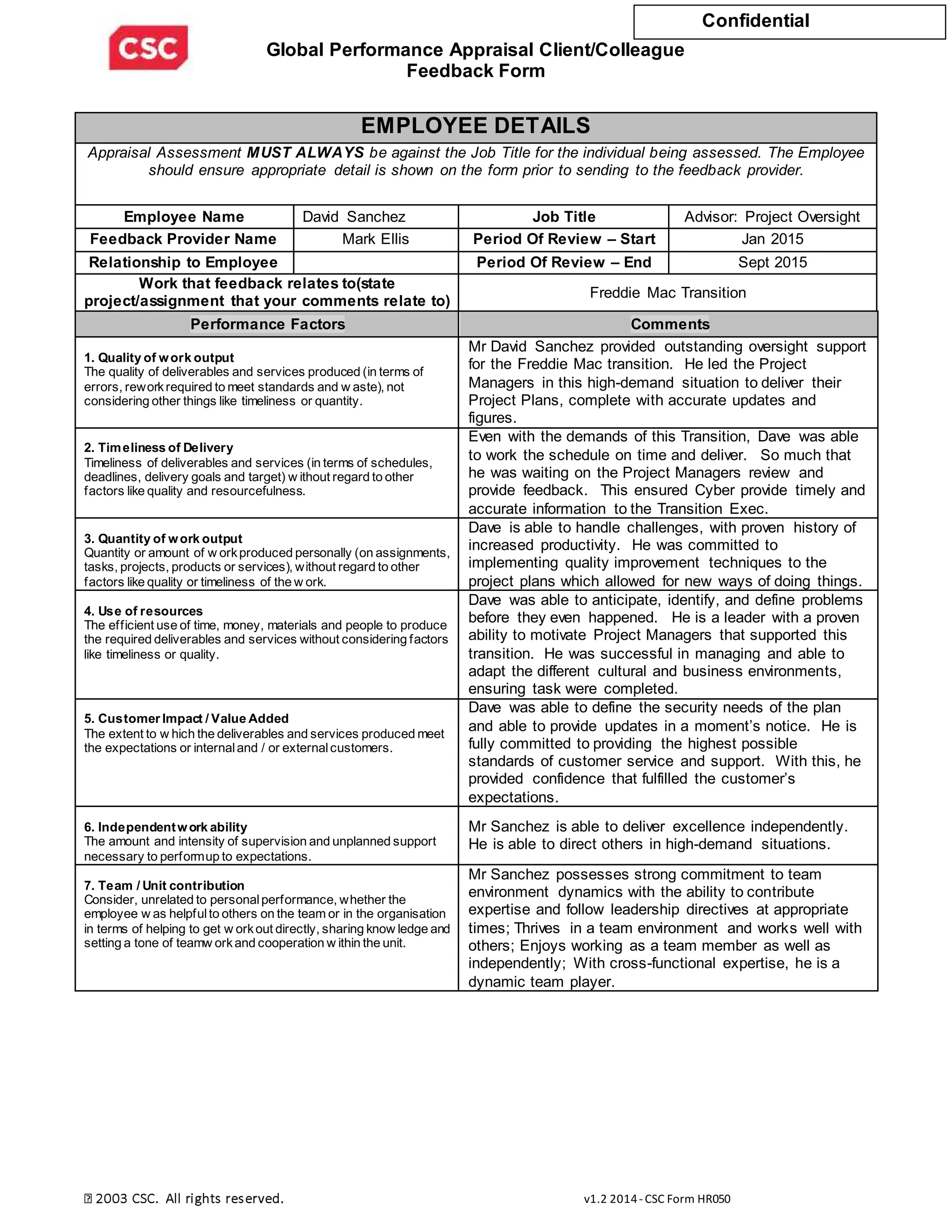 FY14 HR50 FORM Colleague Feedback Form v1.02 David Sanchez | PDF