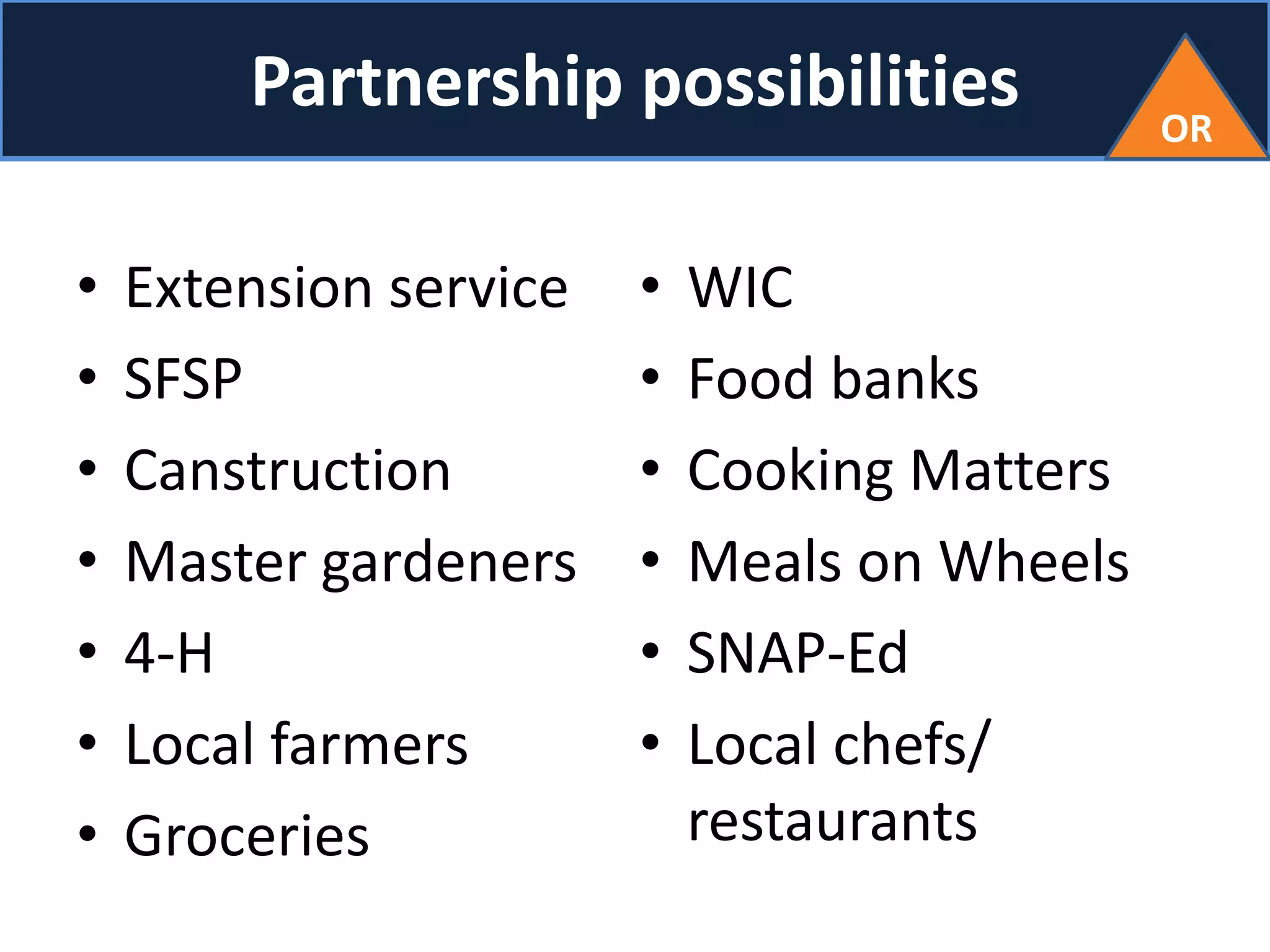 Partnership possibilities
• Extension service
• SFSP
• Canstruction
• Master gardeners
• 4-H
• Local farmers
• Groceries
• WIC
• Food banks
• Cooking Matters
• Meals on Wheels
• SNAP-Ed
• Local chefs/
restaurants
OR
 