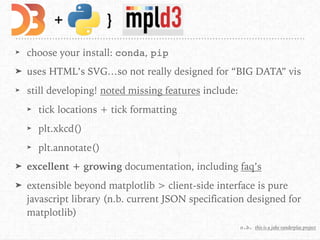 + }
➤ choose your install: conda, pip
➤ uses HTML’s SVG…so not really designed for “BIG DATA” vis
➤ still developing! noted missing features include:
➤ tick locations + tick formatting
➤ plt.xkcd()
➤ plt.annotate()
➤ excellent + growing documentation, including faq’s
➤ extensible beyond matplotlib > client-side interface is pure
javascript library (n.b. current JSON specification designed for
matplotlib)
n.b. this is a jake vanderplas project
 