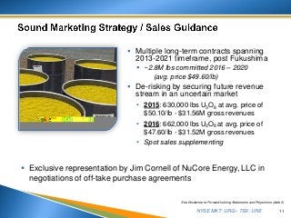 NYSE MKT: URG • TSX: URE
 Multiple long-term contracts spanning
2013-2021 timeframe, post Fukushima
 ~2.8M lbs committed 2016 – 2020
(avg. price $49.60/lb)
 De-risking by securing future revenue
stream in an uncertain market
• 2015: 630,000 lbs U3O8 at avg. price of
$50.10/lb - $31.56M gross revenues
• 2016: 662,000 lbs U3O8 at avg. price of
$47.60/lb - $31.52M gross revenues
• Spot sales supplementing
11
 Exclusive representation by Jim Cornell of NuCore Energy, LLC in
negotiations of off-take purchase agreements
See Disclaimer re Forward-looking Statements and Projections (slide 2)
 