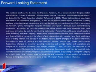 Forward Looking Statement
The numbers, as of and for the three months ended March 31, 2016, contained within this presentation
are unaudited. Certain statements contained herein may be considered “forward-looking statements”
as defined in the Private Securities Litigation Reform Act of 1995. These statements are based upon
the belief of the Company’s management, as well as assumptions made beyond information currently
available to the Company’s management and, may be, but not necessarily are identified by such words
as “expect”, “plan”, “anticipate”, “target”, “forecast” and “goal”. Because such “forward-looking
statements” are subject to risks and uncertainties, actual results may differ materially from those
expressed or implied by such forward-looking statements. Factors that could cause actual results to
differ materially from the Company’s expectations include competition from other financial institutions
and financial holding companies; the effects of and changes in trade, monetary and fiscal policies and
laws, including interest rate policies of the Federal Reserve Board; changes in the demand for loans;
fluctuations in value of collateral and loan reserves; inflation, interest rate, market and monetary
fluctuations; changes in consumer spending, borrowing and savings habits; and acquisitions and
integration of acquired businesses, and similar variables. Other key risks are described in the
Company’s reports filed with the Securities and Exchange Commission, which may be obtained under
“Investor Relations-Documents/Filings” on the Company’s web site or by writing or calling the Company
at 325.627.7155. The Company does not undertake any obligation to update publicly or revise any
forward-looking statements herein because of new information, future events or otherwise.
 