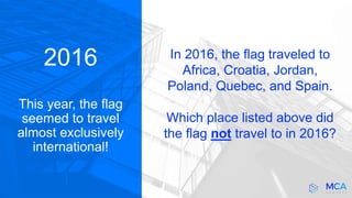 2016
This year, the flag
seemed to travel
almost exclusively
international!
In 2016, the flag traveled to
Africa, Croatia, Jordan,
Poland, Quebec, and Spain.
Which place listed above did
the flag not travel to in 2016?
 