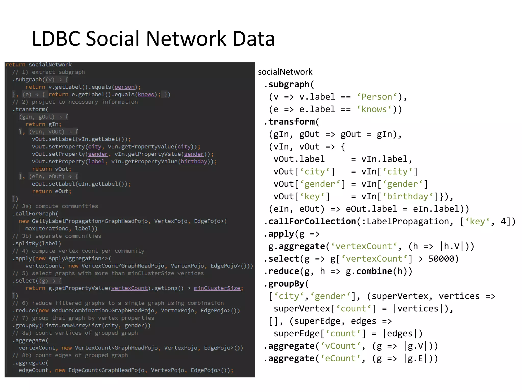 LDBC Social Network Data socialNetwork .subgraph( (v => v.label == ‘Person‘), (e => e.label == ‘knows‘)) .transform( (gIn, gOut => gOut = gIn), (vIn, vOut => { vOut.label = vIn.label, vOut[‘city‘] = vIn[‘city‘] vOut[‘gender‘] = vIn[‘gender‘] vOut[‘key‘] = vIn[‘birthday‘]}), (eIn, eOut) => eOut.label = eIn.label)) .callForCollection(:LabelPropagation, [‘key‘, 4]) .apply(g => g.aggregate(‘vertexCount‘, (h => |h.V|)) .select(g => g[‘vertexCount‘] > 50000) .reduce(g, h => g.combine(h)) .groupBy( [‘city‘,‘gender‘], (superVertex, vertices => superVertex[‘count‘] = |vertices|), [], (superEdge, edges => superEdge[‘count‘] = |edges|) .aggregate(‘vCount‘, (g => |g.V|)) .aggregate(‘eCount‘, (g => |g.E|)) 
