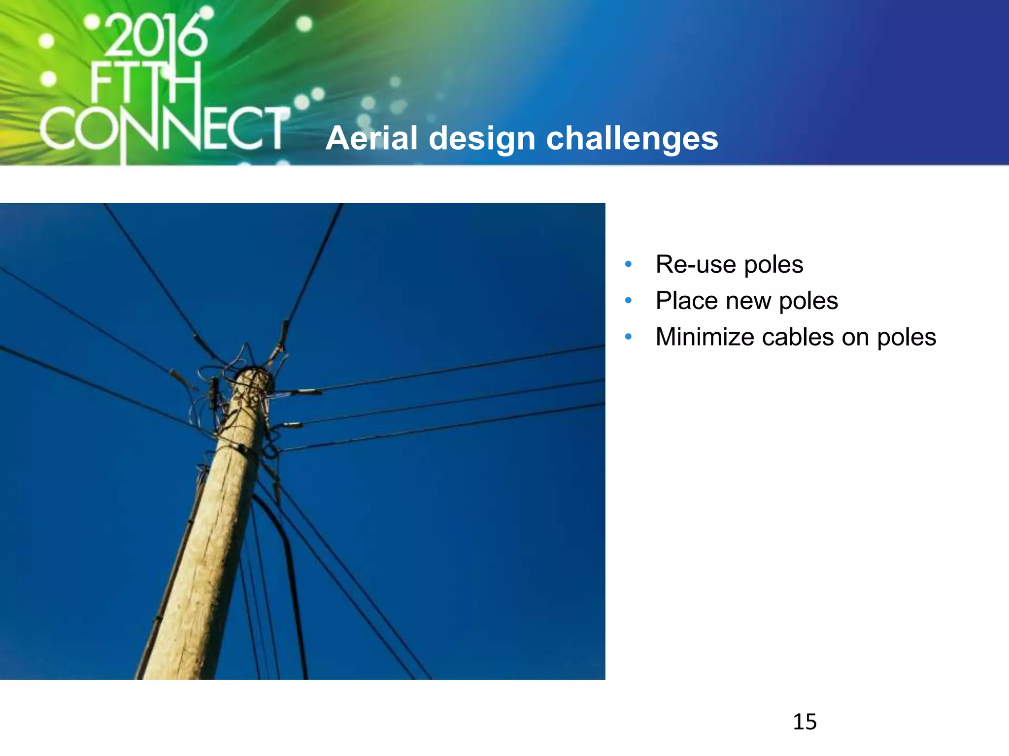 Aerial design challenges
• Re-use poles
• Place new poles
• Minimize cables on poles
15
 