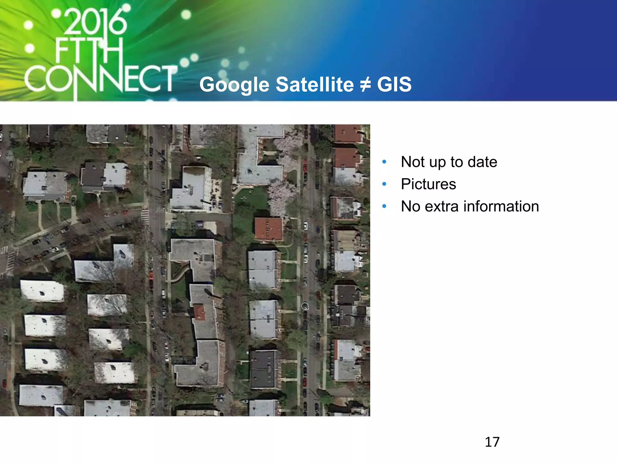 Google Satellite ≠ GIS
• Not up to date
• Pictures
• No extra information
17
 