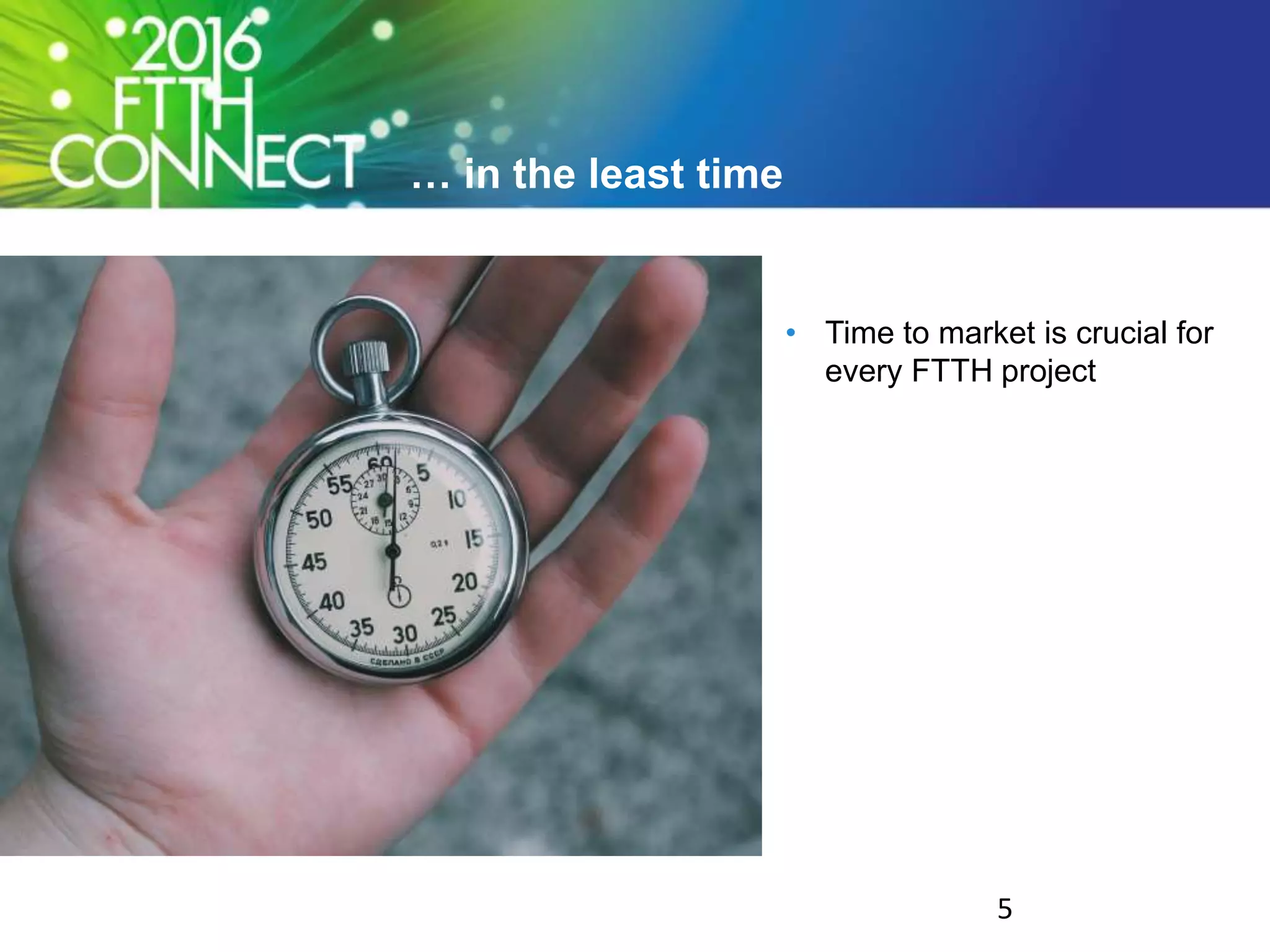 … in the least time
• Time to market is crucial for
every FTTH project
5
 