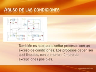 ABUSO DE LAS CONDICIONES
También es habitual diseñar procesos con un
exceso de condiciones. Los procesos deben ser
casi lineales, con el menor número de
excepciones posibles.
raineropenschool.com
 