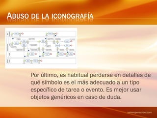 ABUSO DE LA ICONOGRAFÍA
Por último, es habitual perderse en detalles de
qué símbolo es el más adecuado a un tipo
específico de tarea o evento. Es mejor usar
objetos genéricos en caso de duda.
raineropenschool.com
 