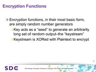 2016 Storage Developer Conference. Copyright © 2016 IBM. All Rights Reserved.
Encryption Functions
 Encryption functions, in their most basic form,
are simply random number generators
 Key acts as a “seed” to generate an arbitrarily
long set of random output–the “keystream”
 Keystream is XORed with Plaintext to encrypt
10
 