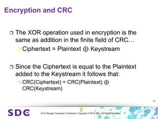 2016 Storage Developer Conference. Copyright © 2016 IBM. All Rights Reserved.
Encryption and CRC
 The XOR operation used in encryption is the
same as addition in the finite field of CRC…
 Ciphertext = Plaintext ⊕ Keystream
 Since the Ciphertext is equal to the Plaintext
added to the Keystream it follows that:
 CRC(Ciphertext) = CRC(Plaintext) ⊕
CRC(Keystream)
12
 