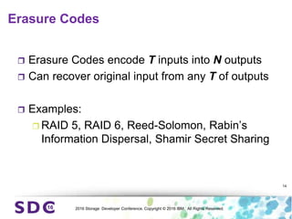 2016 Storage Developer Conference. Copyright © 2016 IBM. All Rights Reserved.
Erasure Codes
 Erasure Codes encode T inputs into N outputs
 Can recover original input from any T of outputs
 Examples:
 RAID 5, RAID 6, Reed-Solomon, Rabin’s
Information Dispersal, Shamir Secret Sharing
14
 