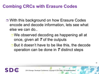 2016 Storage Developer Conference. Copyright © 2016 IBM. All Rights Reserved.
Combing CRCs with Erasure Codes
 With this background on how Erasure Codes
encode and decode information, lets see what
else we can do..
 We observed decoding as happening all at
once, given all T of the outputs
 But it doesn’t have to be like this, the decode
operation can be done in T distinct steps
35
 