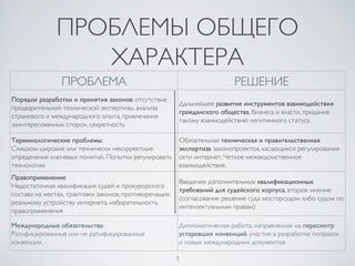 3	

ПРОБЛЕМЫ ОБЩЕГО
ХАРАКТЕРА	

ПРОБЛЕМА	

 РЕШЕНИЕ	

Порядок разработки и принятия законов: отсутствие
предварительной технической экспертизы, анализа
странового и международного опыта, привлечения
заинтересованных сторон, секретность	

Дальнейшее развитие инструментов взаимодействия
гражданского общества, бизнеса и власти, придание
такому взаимодействию легитимного статуса	

Терминологические проблемы: 	

Слишком широкие или технически некорректные
определения ключевых понятий. Попытки регулировать
технологии. 	

Обязательная техническая и правительственная
экспертиза законопроектов, касающихся регулирования
сети интернет. Четкое межведомственное
взаимодействие.	

Правоприменение: 	

Недостаточная квалификация судей и прокурорского
состава на местах, трактовки законов, противоречащих
реальному устройству интернета, избирательность
правоприменения	

Введение дополнительных квалификационных
требований для судейского корпуса, второе мнение
(согласование решение суда мосгорсудом либо судом по
интеллектуальным правам)	

Международные обязательства:	

Ратифицированные или не ратифицированные
конвенции 	

Дипломатическая работа, направленная на пересмотр
устаревших конвенций, участие в разработке поправок
и новых международных документов	

 