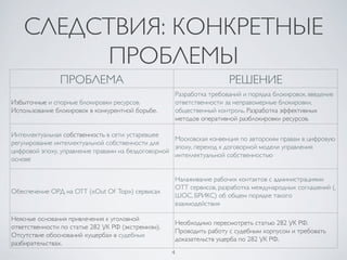 4	

СЛЕДСТВИЯ: КОНКРЕТНЫЕ
ПРОБЛЕМЫ	

ПРОБЛЕМА	

 РЕШЕНИЕ	

Избыточные и спорные блокировки ресурсов.
Использование блокировок в конкурентной борьбе. 	

Разработка требований и порядка блокировок, введение
ответственности за неправомерные блокировки,
общественный контроль. Разработка эффективных
методов оперативной разблокировки ресурсов. 	

Интеллектуальная собственность в сети: устаревшее
регулирование интеллектуальной собственности для
цифровой эпоху, управление правами на бездоговорной
основе	

Московская конвенция по авторским правам в цифровую
эпоху, переход к договорной модели управления
интеллектуальной собственностью 	

Обеспечение ОРД на OTT («Out Of Top») сервисах	

Налаживание рабочих контактов с администрациями
ОТТ сервисов, разработка международных соглашений (,
ШОС, БРИКС) об общем порядке такого
взаимодействия	

Неясные основания привлечения к уголовной
ответственности по статье 282 УК РФ (экстремизм).
Отсутствие обоснований «ущерба» в судебных
разбирательствах.	

Необходимо пересмотреть статью 282 УК РФ.
Проводить работу с судебным корпусом и требовать
доказательств ущерба по 282 УК РФ. 	

 
