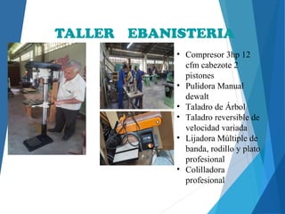 TALLER EBANISTERIA
• Compresor 3hp 12
cfm cabezote 2
pistones
• Pulidora Manual
dewalt
• Taladro de Árbol
• Taladro reversible de
velocidad variada
• Lijadora Múltiple de
banda, rodillo y plato
profesional
• Colilladora
profesional
 