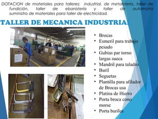 DOTACION de materiales para talleres: industrial, de metalistería, taller de
fundición, taller de ebanistería y taller de automotriz
suministro de materiales para taller de electricidad.
Más información de interés en: www.tagnet.org/ministerio-juvenil
• Brocas
• Esmeril para trabajo
pesado
• Gubias par torno
largas sueca
• Mandril para taladro
• Buril
• Seguetas
• Plantilla para afilador
de Brocas usa
• Platina de Hierro
• Porta broca cono
morse
• Porta buriles
TALLER DE MECANICA INDUSTRIAL
 
