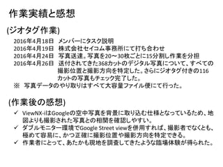 作業実績と感想
(ジオタグ作業)
2016年4月18日 メンバーにタスク説明
2016年4月19日 株式会社セイコム事務所にて打ち合わせ
2016年4月24日 写真送達。写真を20～30枚ごとに15分割し作業を分担
2016年4月26日 送付されてきた368カットのデジタル写真について、すべての
撮影位置と撮影方向を特定した。さらにジオタグ付きの116
カットの写真もチェック完了した。
※ 写真データのやり取りはすべて大容量ファイル便にて行った。
 ViewNX-iはGoogleの空中写真を背景に取り込む仕様となっているため、地
図よりも撮影された写真との相関を確認しやすい。
 ダブルモニター環境でGoogle Street viewを併用すれば、撮影者でなくとも、
極めて容易に、かつ正確に撮影位置や撮影方向を特定できる。
 作業者にとって、あたかも現地を調査してきたような臨場体験が得られた。
(作業後の感想)
 
