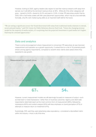 GlobalCommunicationsReport–Research    #gcr16
17
However, looking to 2020, agency leaders also expect to see their revenue streams shift away from
earned, but it will still be the dominant revenue driver at 36%. While all of the other categories will
grow - owned to 24.6%, shared to 24.2% and paid to 12.9%. In total, PR executives predict that by
2020, 63% of all media outlets will offer paid placement opportunities, which may be a low estimate.
Ironically, only 8% rank media buying skills as an important staff skill for the future.
“We are seeing a significant across-the-board directional shift away from traditional media relations to owned,
social and paid media,” said USC Center for Public Relations director Fred Cook. “Given the changing revenue
model for the majority of media outlets, it’s surprising that the projected investment in paid media isn’t higher.
Paid may be a missed opportunity.”
Data and analytics
There is some encouragement where measurement is concerned: PR executives do see improved
measurement and evaluation as a growth opportunity. It ranked third on a list of 18 potential growth
drivers among agency respondents, compared to seventh when clients were asked where they
expected to see growth.
Agency
In-House
67% 54%
Measurement as a growth driver
However, current measurement models are still alarmingly focused on measures of output—such
as total reach or total impressions—rather than on business outcomes. Agency and client-side
respondents rated total reach as the most common form of measurement (68%), followed by
impressions (65%) and content analysis (64%) with less emphasis on brand perception (47%) or
attempts to measure return on investment (41%).
Surprisingly, 30% said they used advertising value equivalency—considered a discredited metric
within the industry—most or all of the time.
 